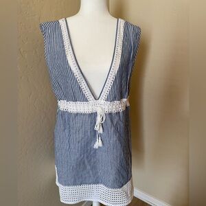 J. Crew Navy & White Striped V‑Neck Swim Coverup with Crochet Trim